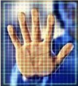 una mano digitalizada sobre un fondo azul cuadriculado